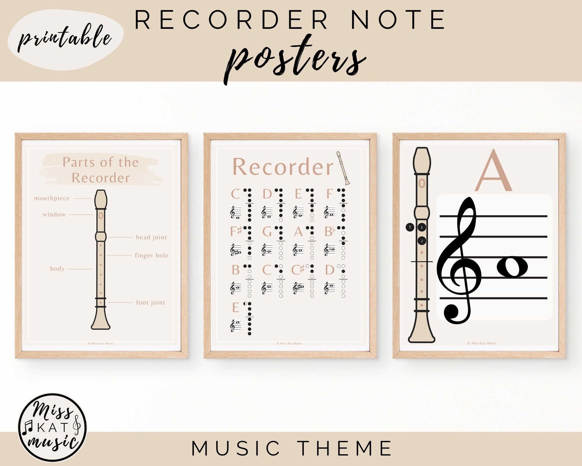 Recorder Note Posters Printable for Music Classroom, Homeschool, Studio ...