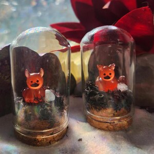May include: Two glass terrariums with cork bases, each containing a small orange bear figurine. The bears sit on a bed of moss and small stones. The terrariums are set against a blurred background with a red flower.