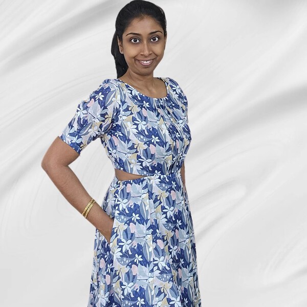 Bohemian V-Neck Silky feel Floral Geometric Print Long Sundress Shark bite Hem Dress Spaghetti Strap Dress #4 Blue and Yellow Floral