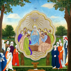 Virgin Mary With the Apostles inside of a church hand embroidered appliqué for vestment, Catholic items, Church goods, religious, liturgical
