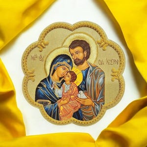 Holy Family Icon Virgin Mary, Saint Joseph Hand embroidered appliqué For vestments, altar hanging, Banners