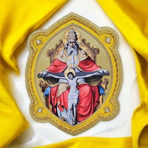 Padre Hijo Espíritu Santo - Trono de Gracia - Santísima Trinidad Jesús en la cruz bordado a mano y pintado a mano Aplique para vestimentas católicas coser