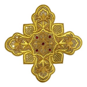 Hand-Embroidered Gold Cross Appliqué for Vestments – Gold Bullion & Wire Embroidery on Gold Fabric