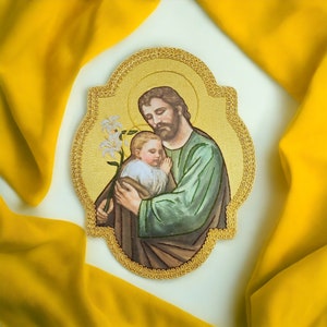 Baby Jesus and saint Joseph hand embroidered appliqué for catholic vestment, Catholic items, Church goods, religious