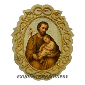 Saint Joseph and the Infant Jesus Hand-Embroidered Appliqué – Gold Bullion Wire on Gold Fabric