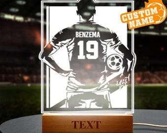 Personalized Soccer Night Light | Custom Name Engraved Wood Base | World Cup Fan Gift | LED Football Lamp | Kids Room Decor | Sports Gif