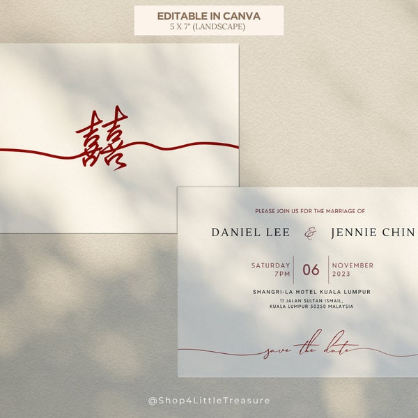 Modern Chinese Style Wedding Invitation Card | 囍 Double Happiness - Chinese Characters | Editable Canva Template | Instant Download and Edit