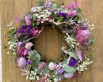 Couronne d’été Couronne de fleurs séchées Couronne de porte Couronne de table Coquilles Cadeau de fête des mères Décoration d’anniversaire Fleur séchée Gypsophile durable