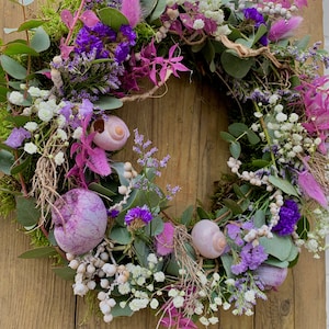 Sommerkranz Trockenblumenkranz Türkranz Tischkranz Muscheln Muttertagsgeschenk Geburtstag Dekoration Trockenblume haltbar Schleierkraut Bild 4