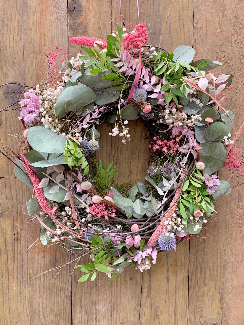 Couronne de printemps, couronne de fleurs séchées, couronne de porte, décoration murale, décoration de table, idée cadeau, décoration printanière, couronne de fleurs, couleurs fraîches image 1