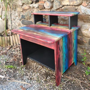 Children&#39;s desk in burnt pine wood - Handmade school desk painted rainbow