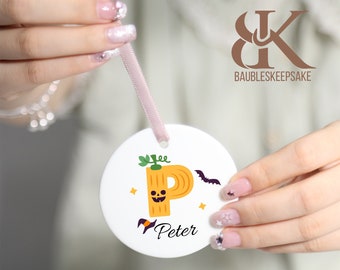 Personalized Halloween letter Ornament, Custom Pumpkin Letter Bauble, Personalized Halloween Baubles, Custom Keepsake Ornament