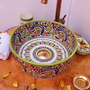 Lavabo de cerámica color pistacho, lavabo de baño, lavabo colorido para tocador o tocador, regalo incluido.