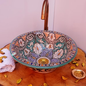 Lavabo de cerámica Beldi, lavabo artesanal, decoración de baño artesanal, lavabo bohemio pintado a mano, regalo incluido.