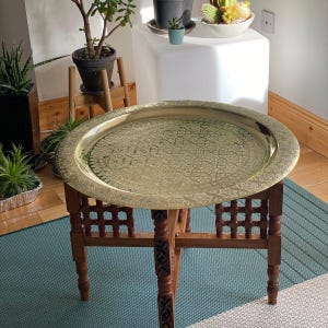 Handmade Moroccan Brass Tray Table Foldable Wooden Stand with Intricate Brass Top Chic Coffee Table for Living Room Decor. handmade table