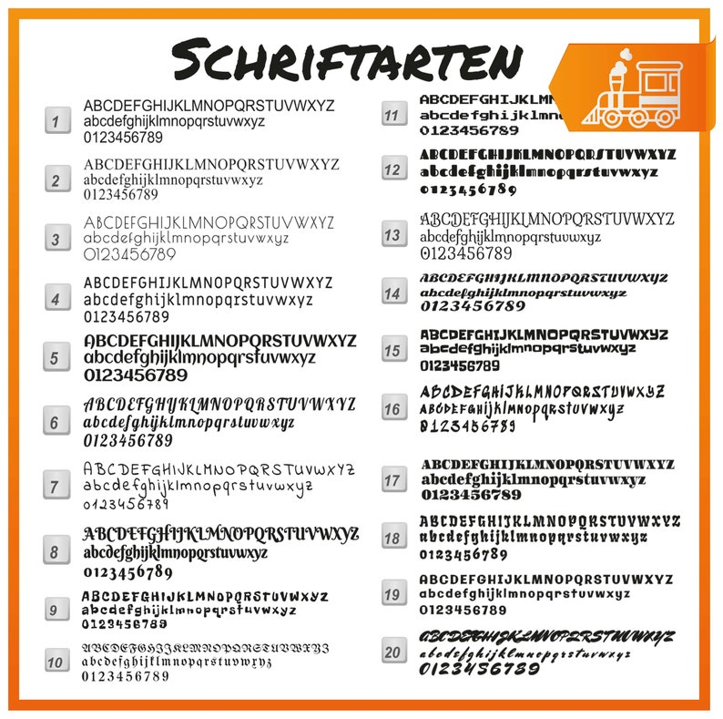Pode incluir: Um gr&aacute;fico com 20 estilos de fonte diferentes, cada um com o alfabeto, os n&uacute;meros de 0 a 9 e a palavra "SCHRIFTARTEN" no topo. O gr&aacute;fico est&aacute; sobre um fundo amarelo e laranja com um comboio de desenho animado no canto superior direito.