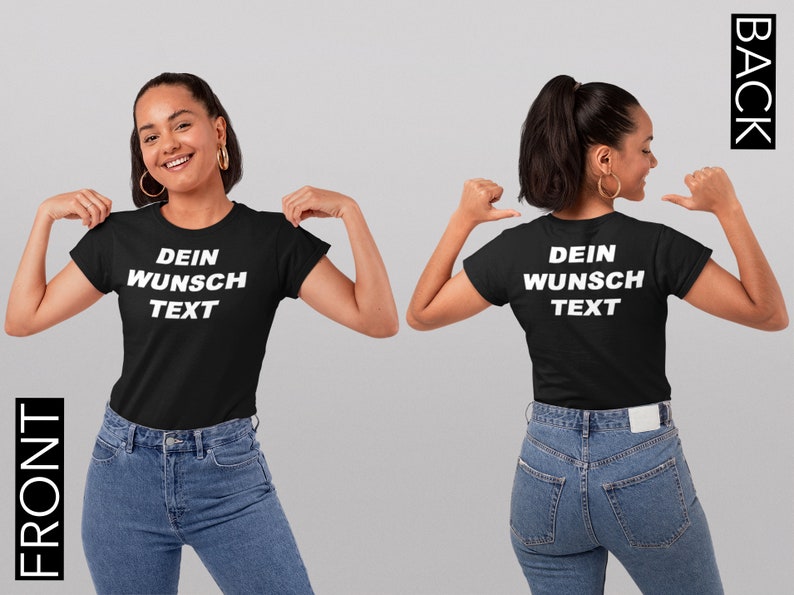 Pode incluir: Camiseta preta com texto branco que diz "Dein Wunsch Text" na frente e atr&aacute;s.