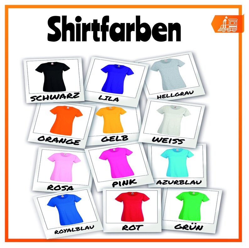 Pode incluir: Um gr&aacute;fico que mostra diferentes cores de camisetas com a palavra alem&atilde; "Shirtfarben" no topo. As cores incluem preto, laranja, branco, rosa, vermelho, verde, azul, amarelo, cinza e roxo.
