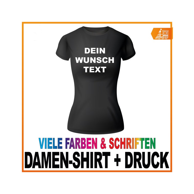 Pode incluir: Camiseta preta para mulher com texto branco que diz "DEIN WUNSCH TEXT". O texto est&aacute; centralizado na camiseta. A camiseta est&aacute; sobre um fundo branco. O texto "VIELEN FARBEN & SCHRIFTEN DAMEN-SHIRT + DRUCK" est&aacute; abaixo da camiseta.