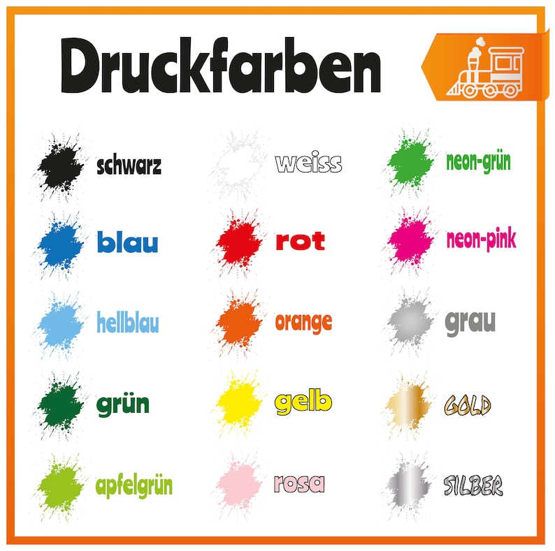 Pode incluir: Um gr&aacute;fico que mostra diferentes cores de impress&atilde;o com nomes alem&atilde;es. As cores s&atilde;o representadas por respingos de tinta. As cores incluem preto, branco, verde neon, azul, vermelho, rosa neon, azul claro, laranja, cinza, verde, amarelo, ouro, verde ma&ccedil;&atilde;, rosa e prata.
