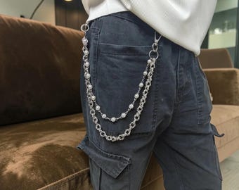 Pearl Skull Pants Chain, Y2K Grunge Wallet Chain, Double Layer Jean Chain, Gothic Pearl Keychain Accessory