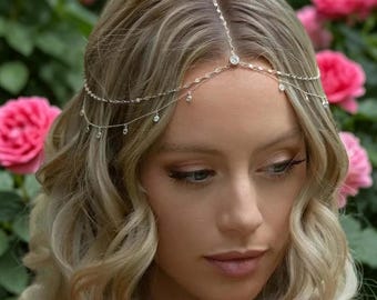 Crystal Head Chain for Women, Elegant Bridal Forehead Jewelry, Wedding Hair Accessory, Boho Festival Headpiece