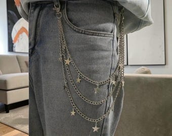 Layered Star Pants Chain, Punk Jean Chain Belt, Unisex Waist Chain, Metal Street Style Accessory