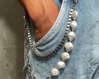 Y2K Pearl Waist Chain, Hip Hop Jean Chain, Pant Keychain, Streetwear Trouser Chain, Grunge Pearl Accessories, Alt Fashion Jewelry