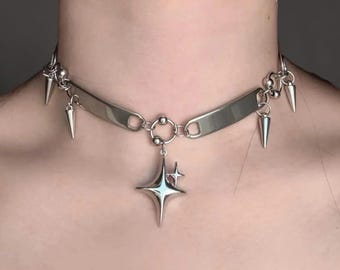 Gothic Star Choker Necklace, Spiked Metal Chain Choker, Avant Garde Statement Jewelry for Women Men, Punk Alt Fashion