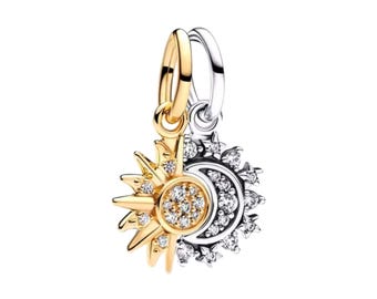 Charm para pulsera Pandora, Charm de luna plateada y sol dorado, Charm doble entrelazado, Joyería colgante, Único