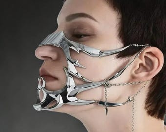 Gothic Silver Mask Cyberpunk Face Mask, Avant Garde Metal Party Mask, Futuristic Hollow Masquerade Mask for Women Men