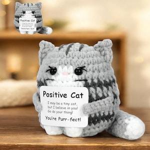 Positive Cat Crochet Plush – Handmade Cute Desk Companion for Motivation, Comfort or Cat Lover Gift