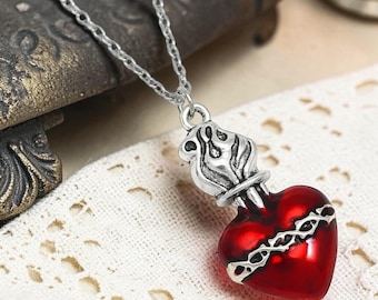 Gothic Sacred Heart Flame Necklace – Red Enamel Pendant Punk Gothic Jewelry Cross Statement Necklace
