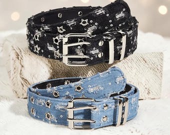 Y2K Star Denim Belt, Black Punk Waist Belt with Hollow Star Buckle, Grunge Streetwear Accessory