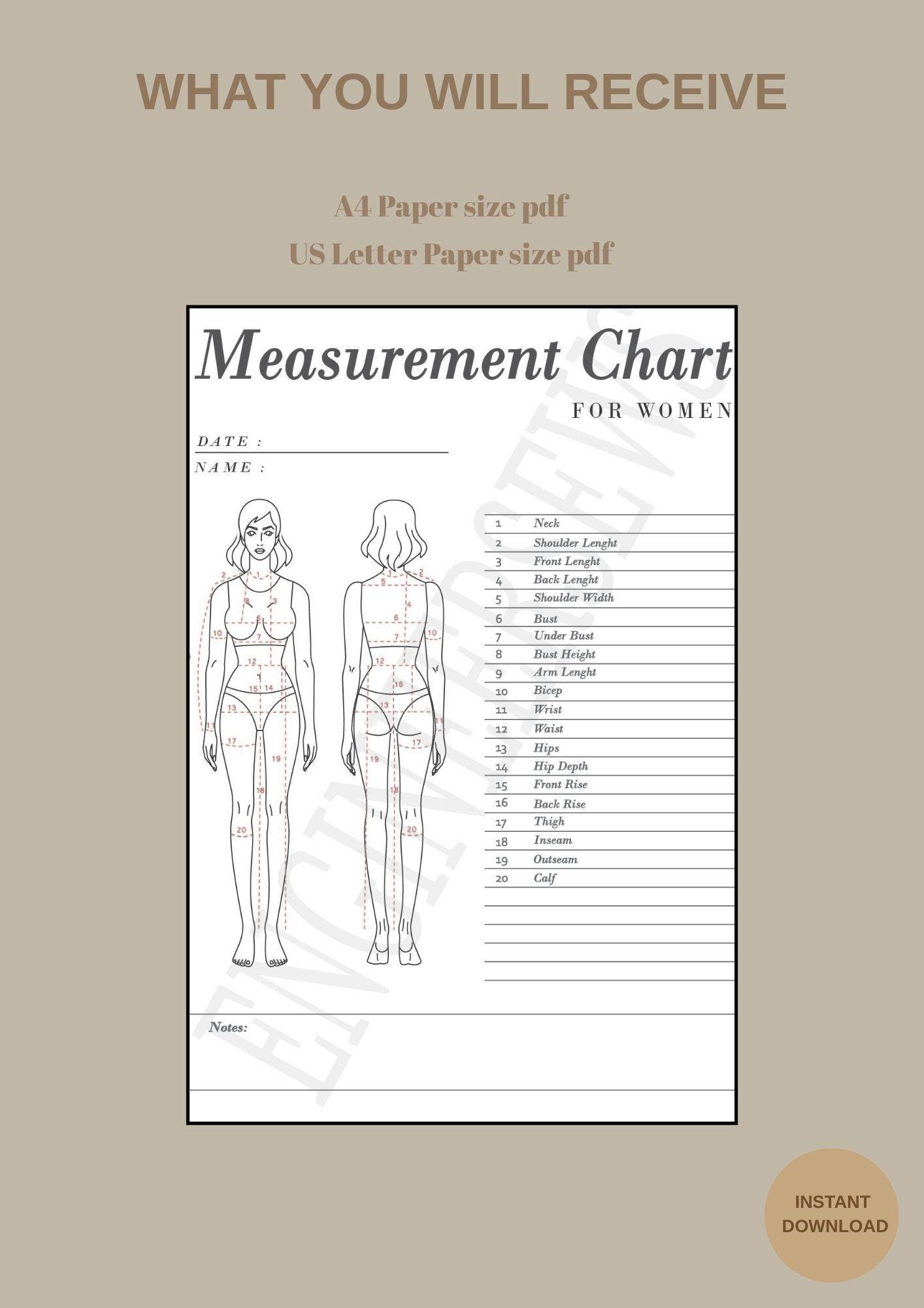 Printable Body Measurement Chart for Tailors, Designers (A4/US Letter ...