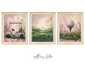 Whimsical Golf Wall Art Set, Pink and Green Digital Prints Bundle