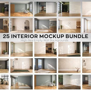 Może przedstawiać: Zestaw 25 teł do makiety wnętrz, prezentujących puste ściany w różnych ustawieniach. Obrazy przedstawiają różnorodne projekty pomieszczeń z naturalnym światłem, roślinami i detalami architektonicznymi, idealne do prezentacji dzieł sztuki lub koncepcji projektowych.
