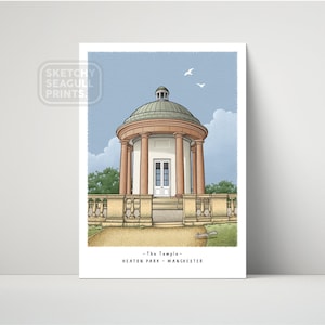 Stampa artistica del Tempio di Heaton Park, disegno originale firmato da un artista locale. Stampa murale di Manchester, poster turistico di Prestwich, regalo a tema nordico.