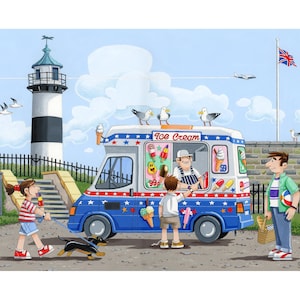 Art Print of Ice Cream Van & Southsea Lighthouse, Portsmouth. &quot;99 With Flake please&quot; A nostalgic nod to the British Seaside. Fun Art Gifts.