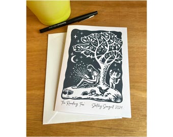 Handmade Greeting Card &#39;The Reading Tree&#39;, Made from Lino Print Design. Blank For Any Occasion, Birthday, Anniversary etc. Books and Nature.