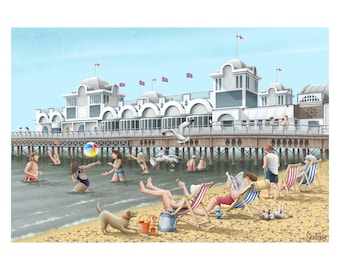 May include: A colorful illustration of a pier with people swimming and relaxing on the beach. There are beach chairs, a dog, and a beach ball. The pier is white with a wooden deck and railings. The sky is blue with white clouds.