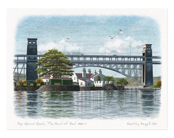Print of Red Weir Island & Britannia Bridge on the Menai Straight, Anglesey, Wales. Limited Edition Art Print, Handmade, Signed by Artist.