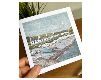 Coastal Greeting Card, Of  &#39;Swynt Cottages&#39;, Moelfre, Anglesey, Blank For Any Occasion, Birthday, Thank you, Friendship, Handmade Welsh Art.
