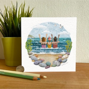 Tarjeta de felicitación "Hermanas del Mar Salvaje", hecha a mano. Para amantes de la natación en el océano, la naturaleza y la vida al aire libre. En blanco para tu mensaje, amigas del agua.