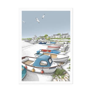 May include: A coastal art print featuring a row of small boats on a sandy shore. The boats are painted in various colors, including white, blue, and red. Seagulls fly in the sky above the boats and the houses in the background.