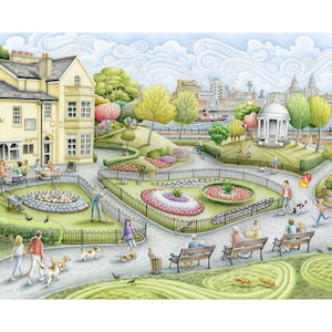 Puede incluir: Una pintura de acuarela de una escena de parque con un edificio amarillo, árboles verdes y personas paseando a sus perros. Hay flores en el parque y un cenador blanco en el fondo.