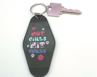 Hot Girls Hit Curbs Motel Keychain, retro keyring