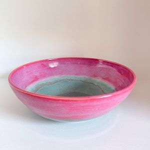Handmade Bowl, Pink Aqua Wheel Thrown Serving 8.5 x 3.5 Inches
