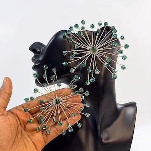 Couture Beaded Starburst Statement Earrings | Hand-Wired Crystal Burst Earrings | Avant-Garde Gala Bridal Jewelry