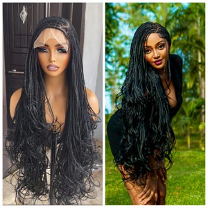 Ready to ship knotless french curl braided wig,closure 6by6 unit for women of colour.Braids wig for black women.Glueless lace unit in black